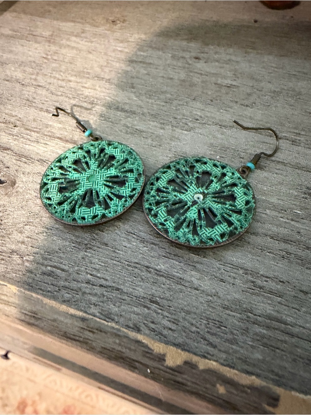 Green Patina Boho Filigree Drop Earrings